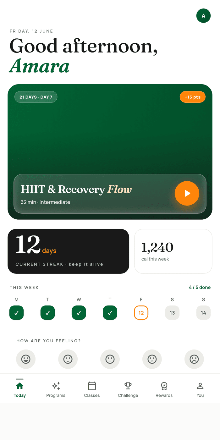 The Move with Happie app: the Today screen with streak, today's session, and week progress