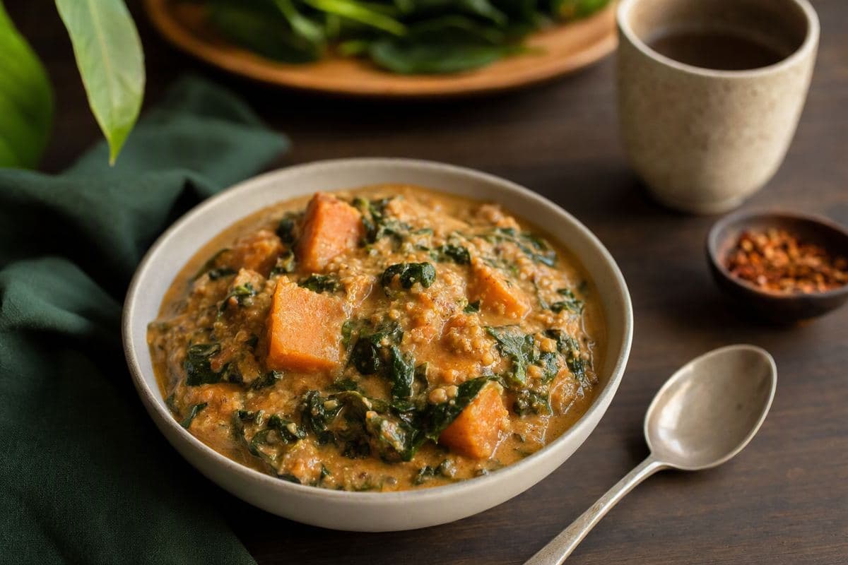 Groundnut stew with sweet potato and spinach