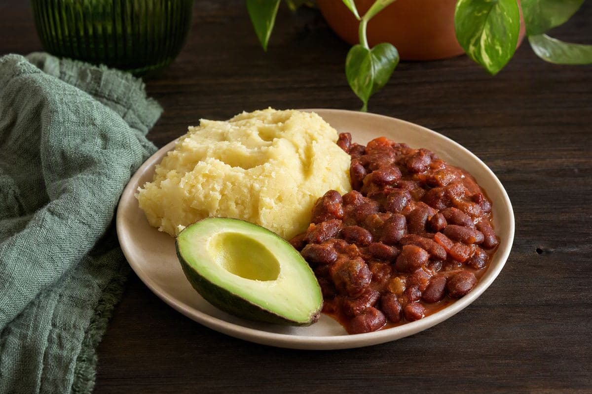 Matoke with red beans and avocado